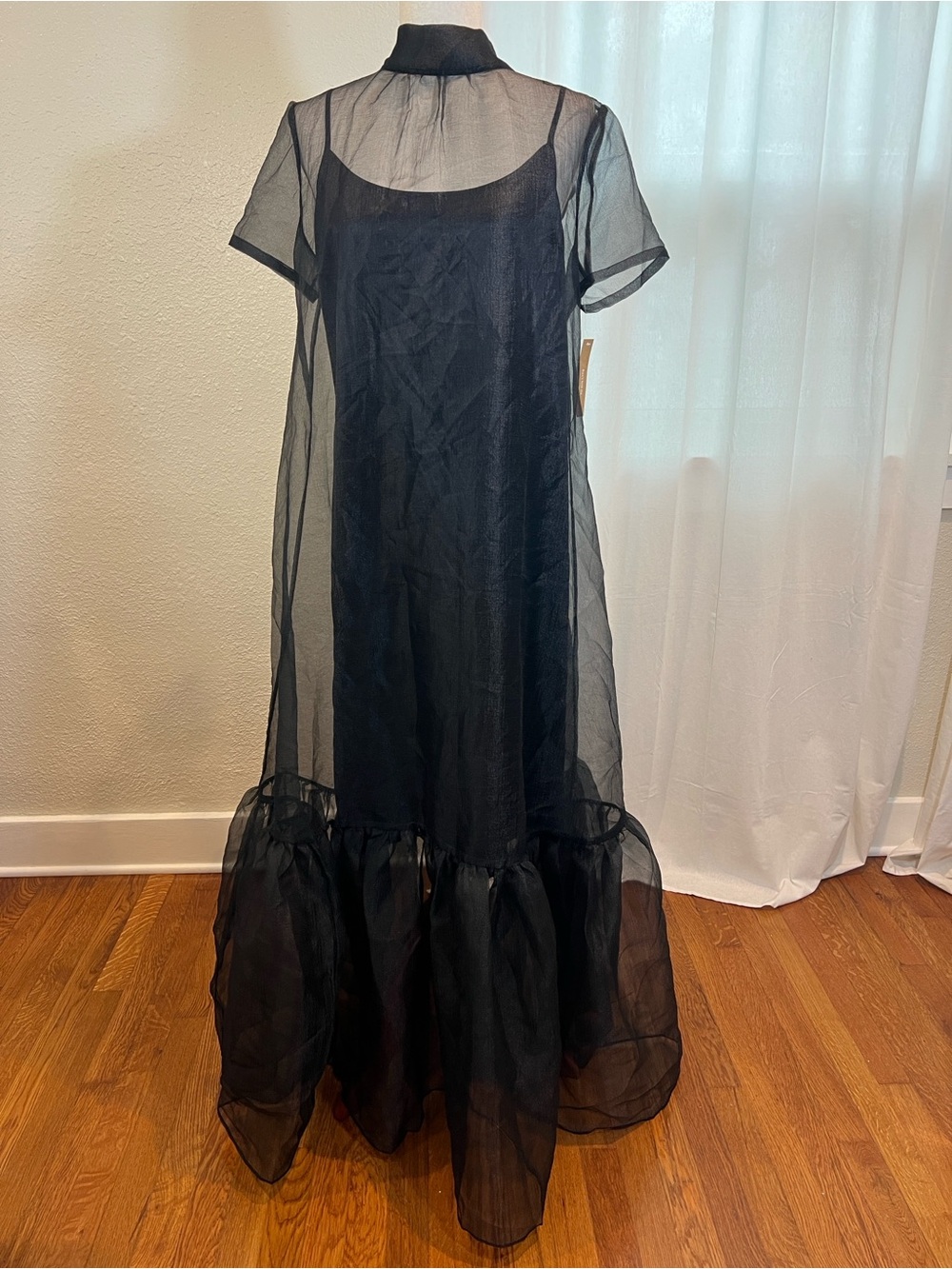 Caara Melody Black Sheer Ruffle-Hem Maxi Dress. Size L. NWT